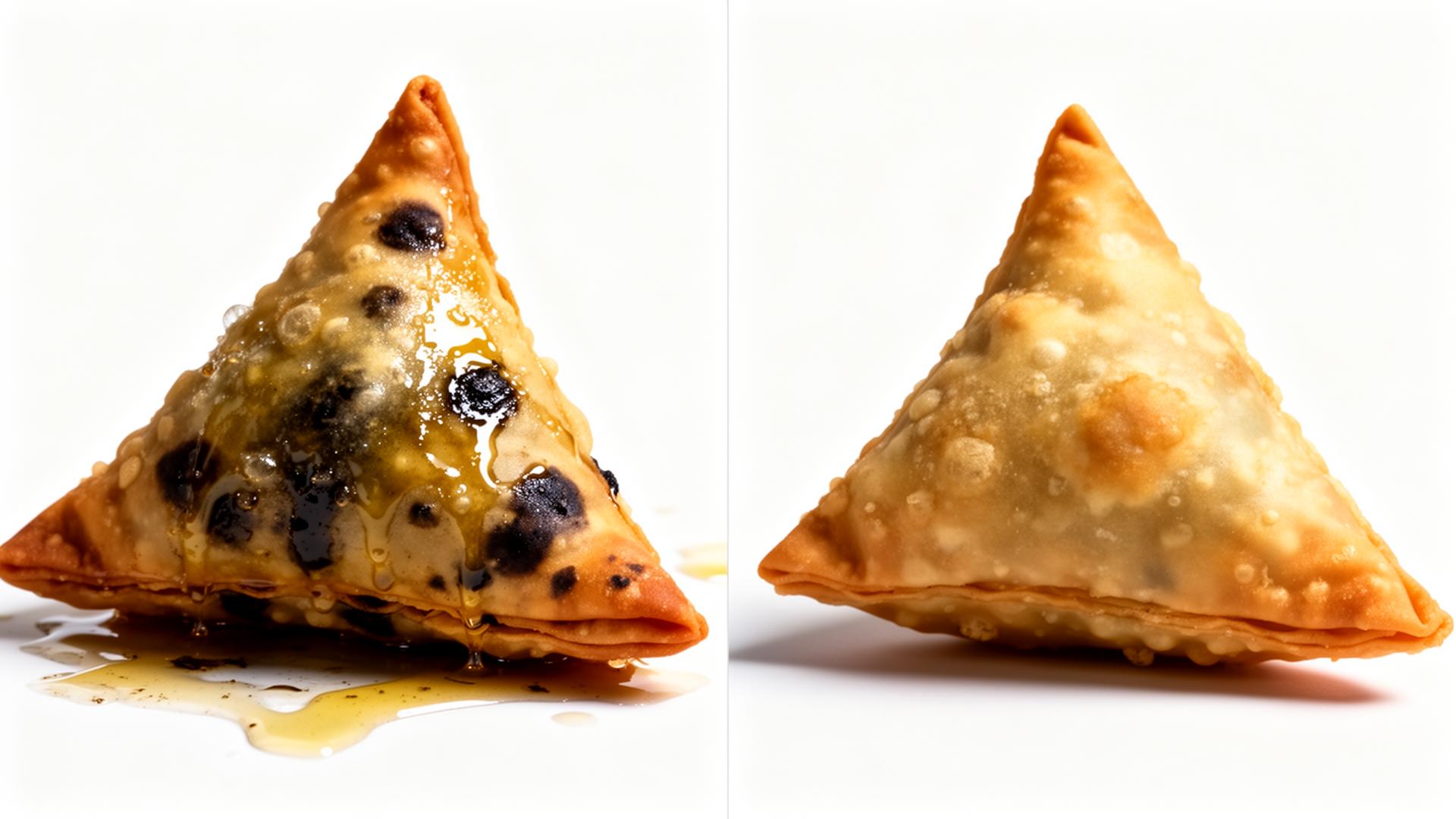 Comparison: traditional oily samosa vs MK Enterprises low-oil samosa